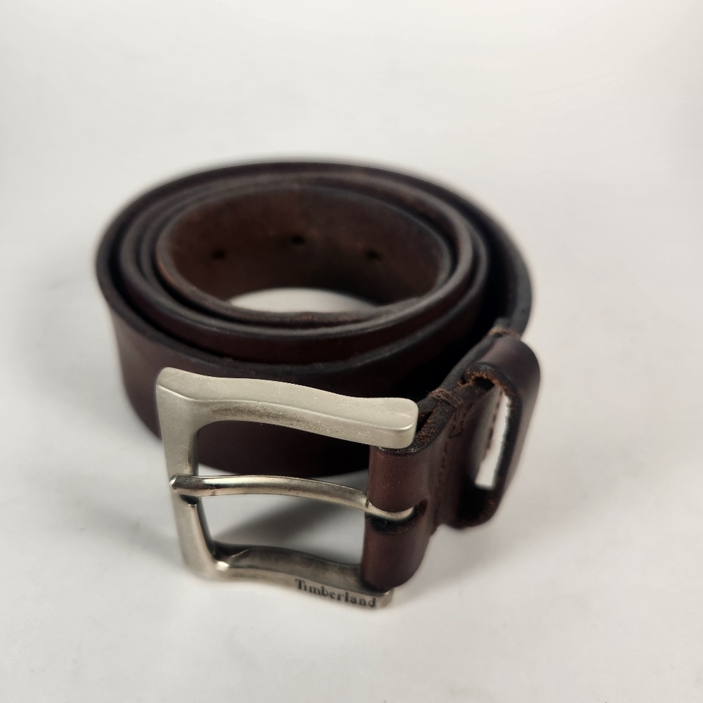 TIMBERLAND Belt Size 34 Brown Leather Made USA Silver Buckle 1.5 Width